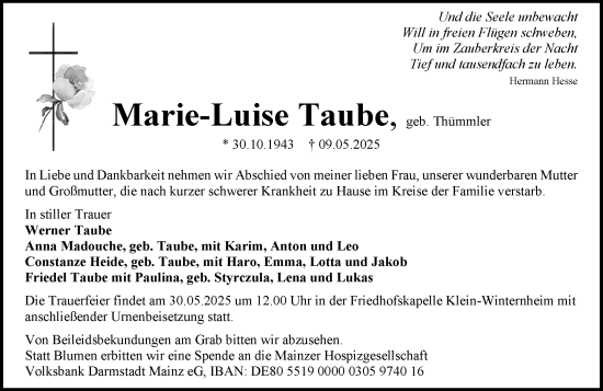 Traueranzeige von Marie-Luise Taube von Allgemeine Zeitung Mainz