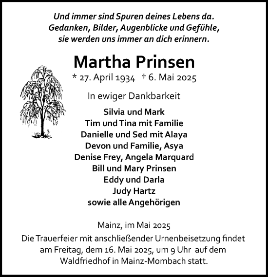 Traueranzeige von Martha Prinsen von Allgemeine Zeitung Mainz