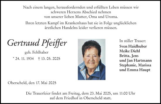 Traueranzeige von Gertraud  Pfeiffer von Dill Block