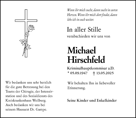 Traueranzeige von Michael Hirschfeld von Weilburger Tageblatt
