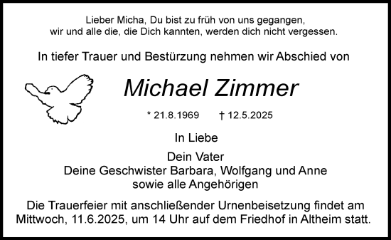 Traueranzeige von Michael Zimmer von Dieburger Anzeiger/Groß-Zimmerner Lokal-Anzeiger