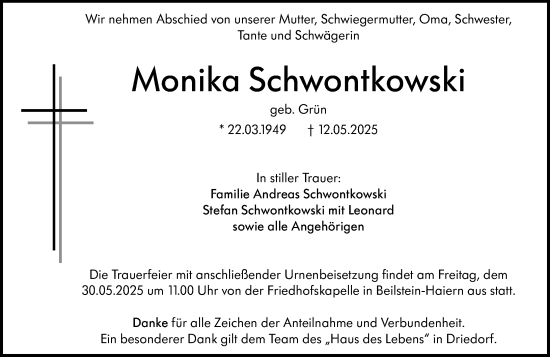 Traueranzeige von Monika Schwontkowski von Dill Block