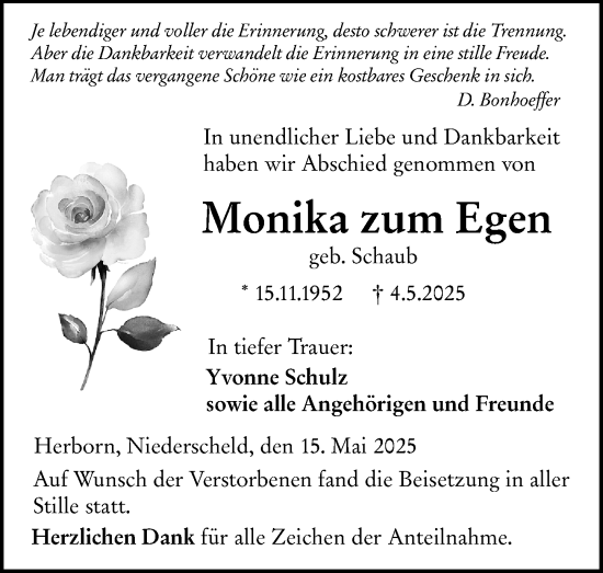 Traueranzeige von Monika zum Egen von Dill Block