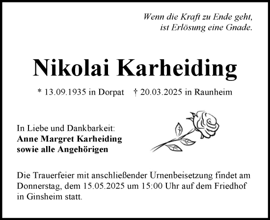 Traueranzeige von Nikolai Karheiding von Allgemeine Zeitung Mainz