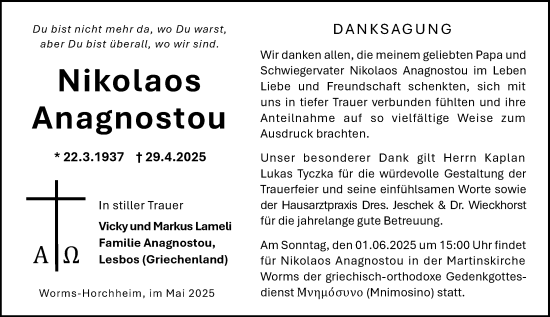 Traueranzeige von Nikolaos Anagnostou von Wormser Zeitung