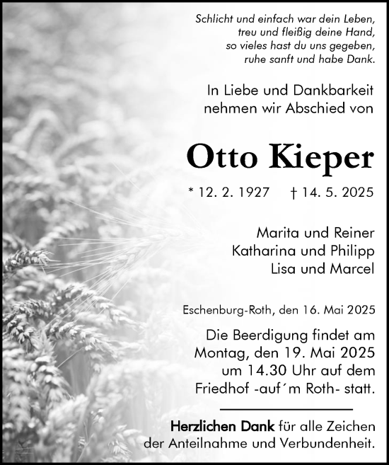 Traueranzeige von Otto Kieper von Dill Block