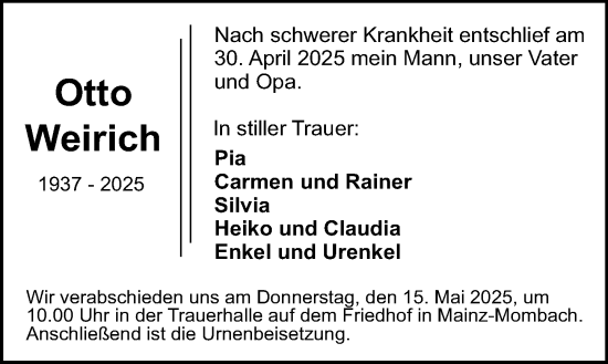 Traueranzeige von Otto Weirich von Allgemeine Zeitung Mainz