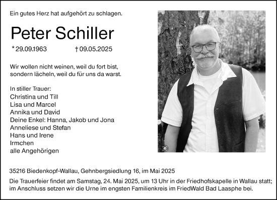 Traueranzeige von Peter Schiller von Hinterländer Anzeiger