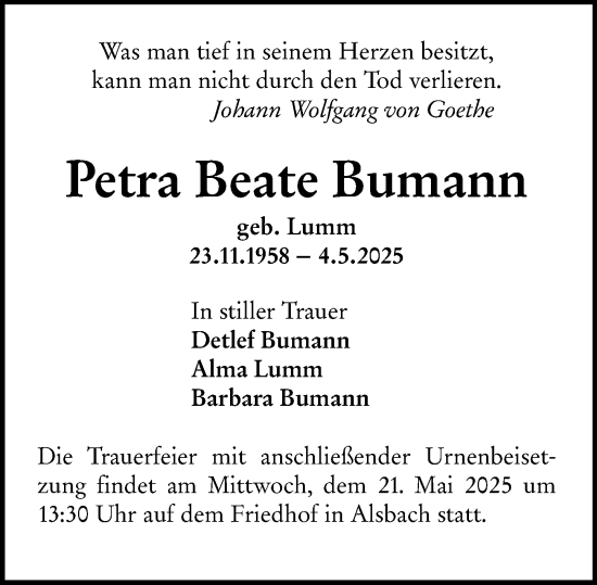 Traueranzeige von Petra Beate Bumann von Darmstädter Echo