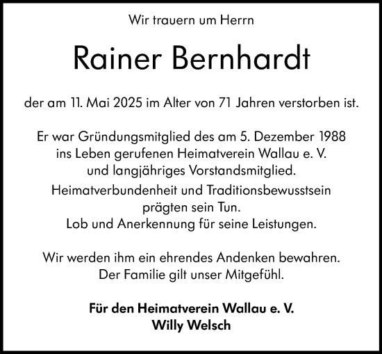 Traueranzeige von Rainer Bernhardt von Hinterländer Anzeiger