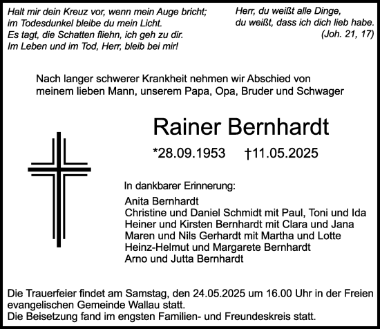 Traueranzeige von Rainer Bernhardt von Hinterländer Anzeiger