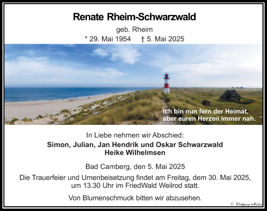 Traueranzeige von Renate Rheim-Schwarzwald von Camberger Anzeiger
