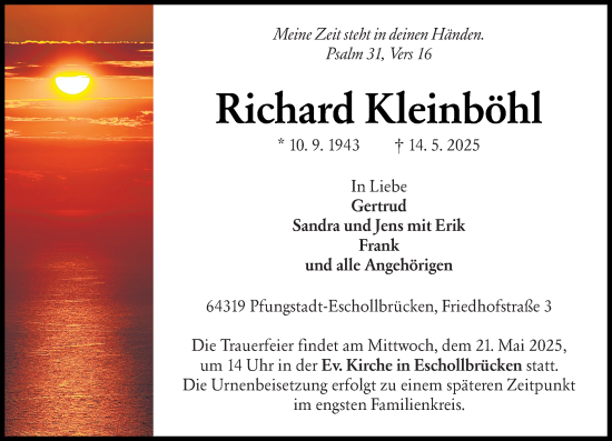 Traueranzeige von Richard Kleinböhl von Darmstädter Echo