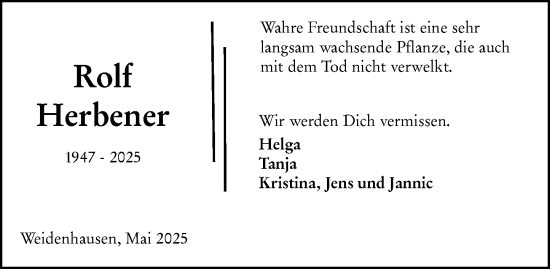 Traueranzeige von Rolf Herbener von Hinterländer Anzeiger