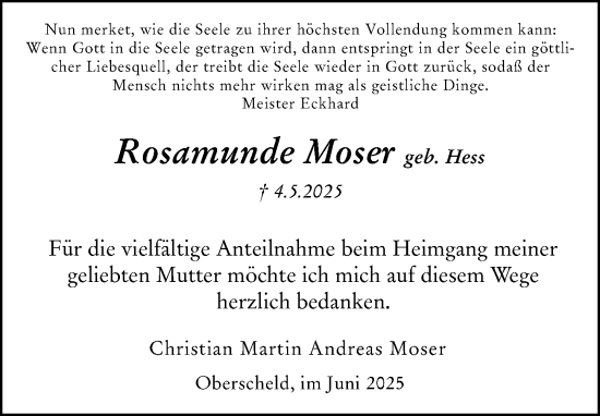 Traueranzeige von Rosamunde Moser von Dill Block