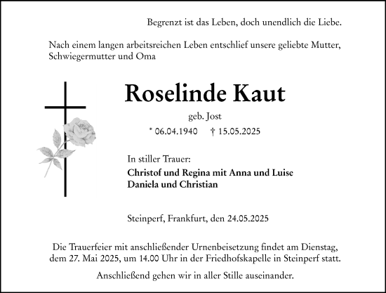 Traueranzeige von Roselinde Kaut von Hinterländer Anzeiger