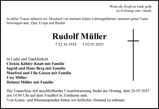 Traueranzeige von Rudolf Müller von Allgemeine Zeitung Mainz