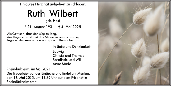 Traueranzeige von Ruth Wilbert von Wormser Zeitung