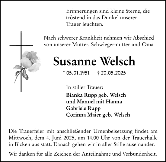 Traueranzeige von Susanne Welsch von Dill Block