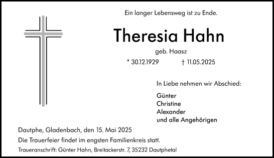 Traueranzeige von Theresia Hahn von Hinterländer Anzeiger