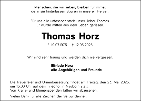 Traueranzeige von Thomas Horz von Wetzlarer Neue Zeitung