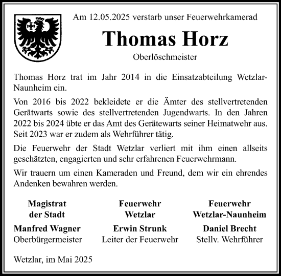 Traueranzeige von Thomas Horz von Wetzlarer Neue Zeitung