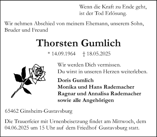 Traueranzeige von Thorsten Gumlich von Wiesbadener Kurier