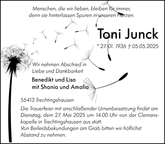 Traueranzeige von Toni Junck von Binger-/Ingelheimer Wochenblatt