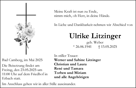 Traueranzeige von Ulrike Litzinger von Camberger Anzeiger