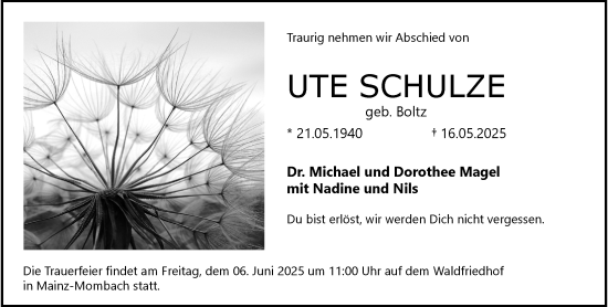 Traueranzeige von Ute Schulze von Allgemeine Zeitung Mainz
