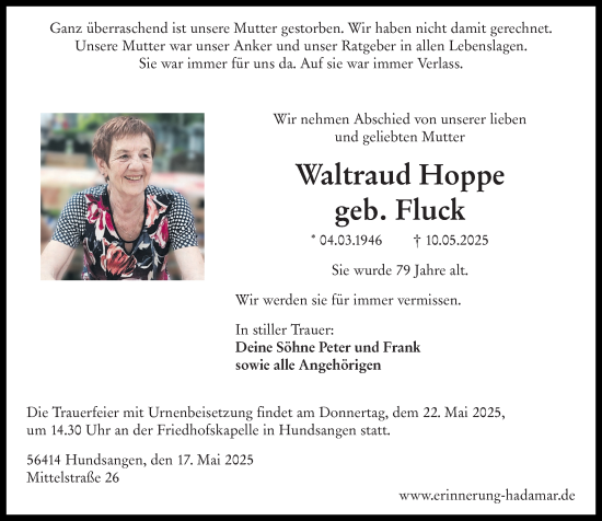Traueranzeige von Waltraud Hoppe von Nassauische Neue Presse