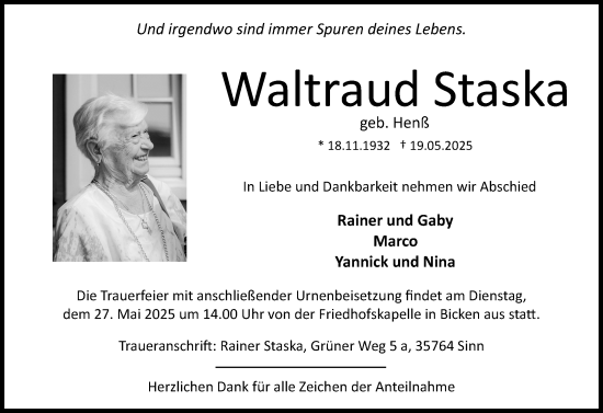 Traueranzeige von Waltraud Staska von Dill Block