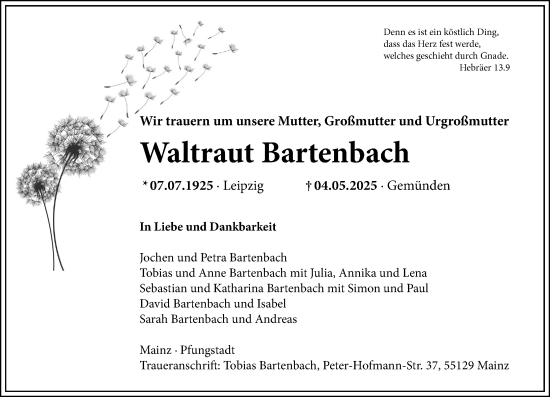 Traueranzeige von Waltraut Bartenbach von Allgemeine Zeitung Mainz
