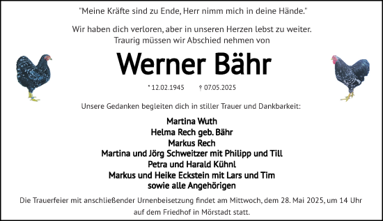 Traueranzeige von Werner Bähr von Wormser Zeitung