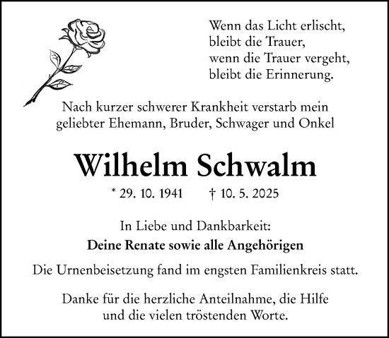 Traueranzeige von Wilhelm Schwalm von Dill Block