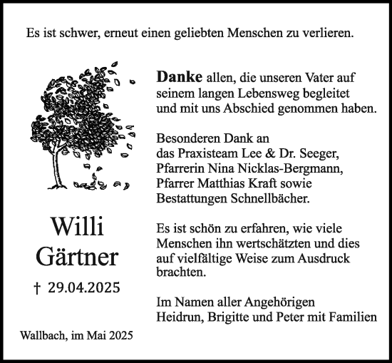 Traueranzeige von Willi Gärtner von Odenwälder Echo