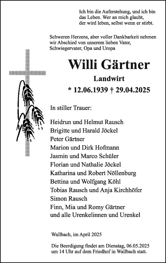 Traueranzeige von Willi Gärtner von Odenwälder Echo