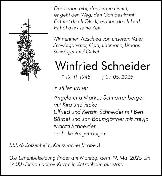 Traueranzeige von Winfried Schneider von Allgemeine Zeitung Rheinhessen-Nahe