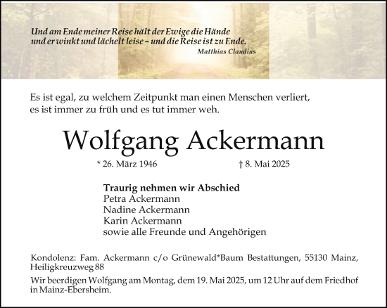 Traueranzeige von Wolfgang Ackermann von Allgemeine Zeitung Mainz