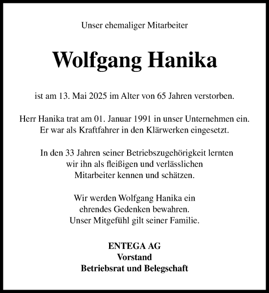 Traueranzeige von Wolfgang Hanika von Odenwälder Echo