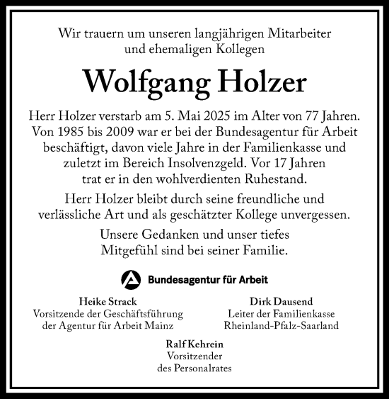 Traueranzeige von Wolfgang Holzer von Allgemeine Zeitung Mainz