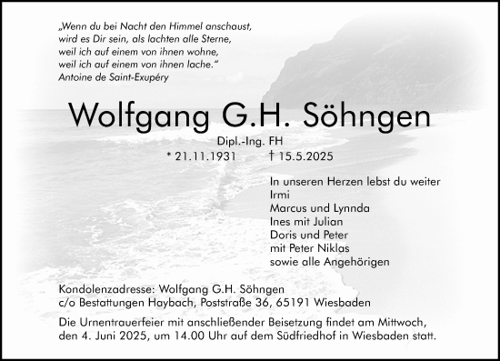 Traueranzeige von Wolfgang G.H. Söhngen von Wiesbadener Kurier