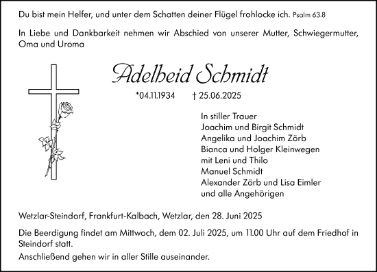 Traueranzeige von Adelheid Schmidt von Wetzlarer Neue Zeitung