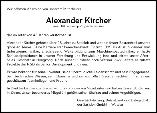 Traueranzeige von Alexander Kircher von Wetzlarer Neue Zeitung