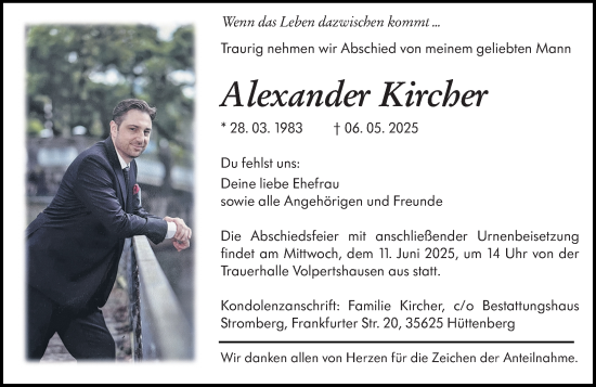 Traueranzeige von Alexander Kircher von Wetzlarer Neue Zeitung