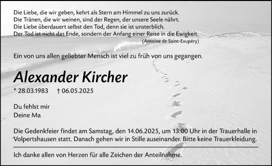 Traueranzeige von Alexander Kircher von Wetzlarer Neue Zeitung