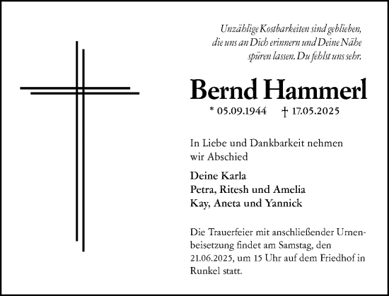 Traueranzeige von Bernd Hammerl von Weilburger Tageblatt