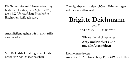 Traueranzeige von Brigitte Deichmann von Wetzlarer Neue Zeitung