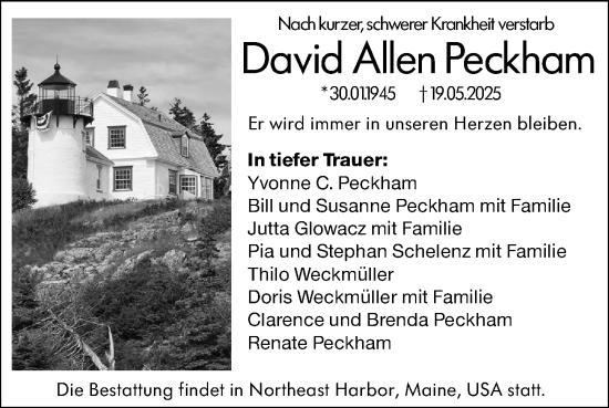 Traueranzeige von David Allen Peckham von Allgemeine Zeitung Mainz