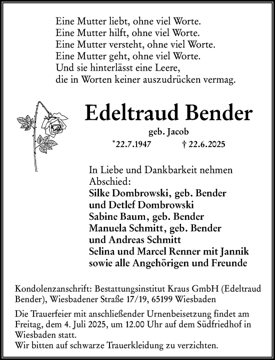 Traueranzeige von Edeltraud Bender von Wiesbadener Kurier